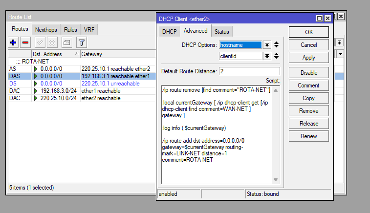 Script DHCP Client Route Mikrotik